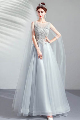 Grey Elegant Long Tulle Bride Evening Prom Dress