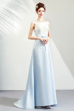 Light Blue&White Illusion Neckline Party Formal Dress