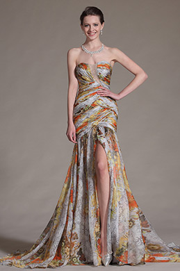 2014 Gedruckt Hohe Schlitz Trägerlos Abendkleid