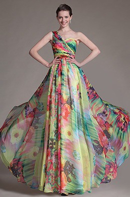 Printed One-Shoulder Sexy Back Evening Dress