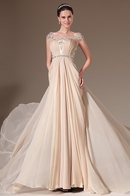 2014 Neu Beige Kappe Ärmel Spitze Stickerei Abendkleid