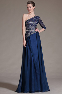 Navy Blue One Sleeve Lace Top Evening Dress Prom Ball Gown