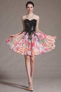Printed Black Sequins Above-Knee Length Cocktail/Party Dress