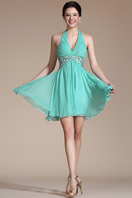 Turquoise Halter Gold Sequins Cocktail Dress/ Party Dress