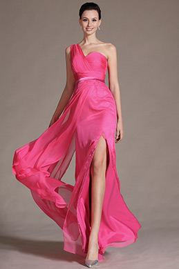 Hot Pink One Shoulder High Split Bridesmaid Dress