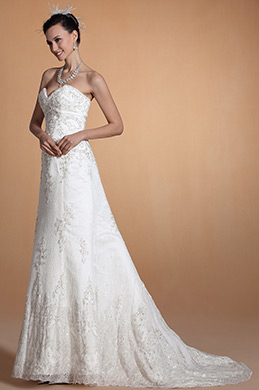 Elegant Strapless Sweetheart Lace Beaded Bodice A-line Wedding Dress