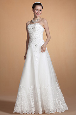 Graceful Strapless Beadings Decorated A-line Wedding Gown