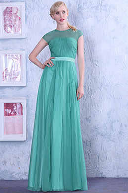 Robe de soirée plissée verte classique mancherons en tulle