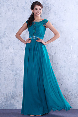 Blau Reizend Spitze Kappe Ärmel Abendkleid Formal Kleid