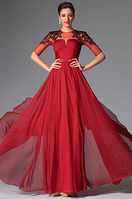 2014 Neu Rot Ärmel Bodenlang Abendkleid