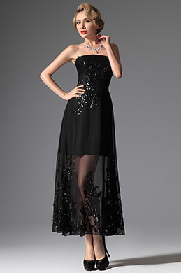 Black Sequins Strapless Ankle Length Formal Dress