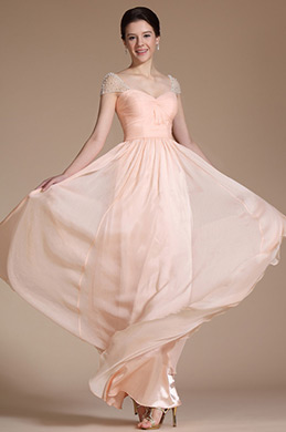 2014 Robe de Soirée Longue Rose Manches Courtes