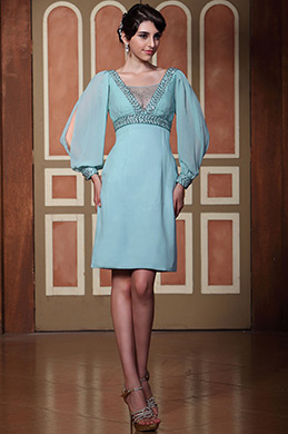 Robe de cocktail sexy taille empire décolleté en V manches longues