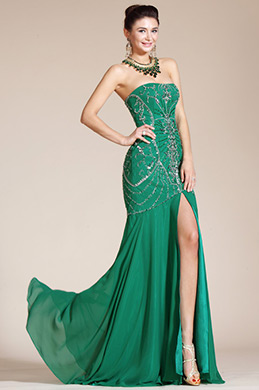 2014 Nouveauté Verte Bustier Jupe Fendue Robe de Soirée