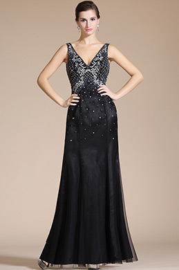 Black Sexy V-neck Beading Top Evening Formal Dress