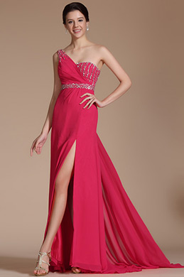Hot Pink One Shoulder High Split Beaded Evening Dress