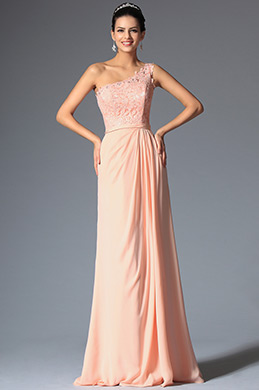 Robe de soirée dentelle rose asymétrique coupe simple droite