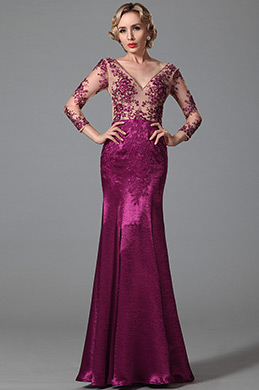 Robe de soirée manches longues col en V avec broderie