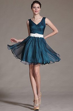 Robe demoiselle d'honneur bleue patineuse simple col en V