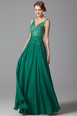 Sexy Plunging V Neck Embroidery Prom Dress Evening Gown