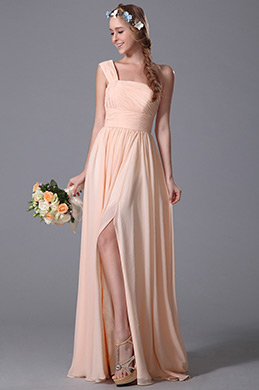 Elegant One Shoulder Slit Peach Bridesmaid Dress