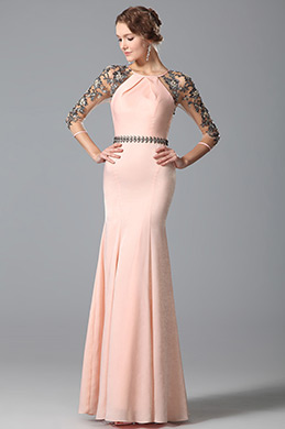 Glamorous Pink Long Evening Gown With Lace Sleeves