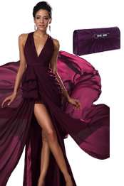 Stylish Halter V Cut High Split Evening Dress Purle Handbag Set