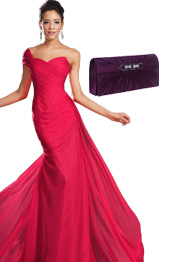 Gorgeous Red One Shoulder Evening Dress Purple Handbag Set