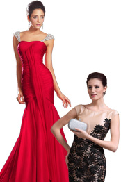 Charming Fitted Red Evening Dress + Silver Handbag Set