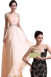Gorgeous Cap Sleeves Evening Dress Golden Handbag Set