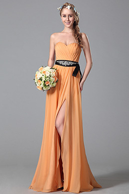 Robe demoiselle d'honneur orange A-line fendue sans bretelle
