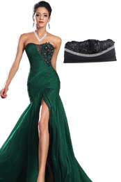 Stunning Green High Slit Strapless Evening Dress + Black Handbag Set