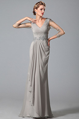 Robe mère de mariée grise drapée dentelle col en V Robe mère de mariée grise drapée dentelle col en V