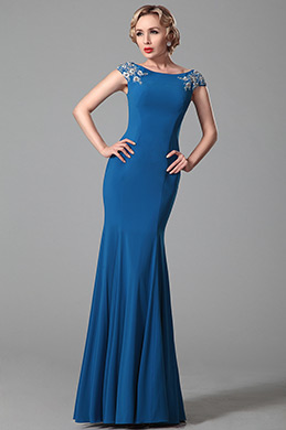 Robe de soirée sirène bleue col bateau avec broderie Robe de soirée sirène bleue col bateau avec broderie