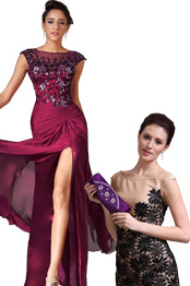 Sheer Top High Slit Floor Length Evening Dress Purple Handbag Set