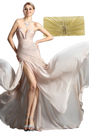 Stylish Ruched Bodice Evening Dress+Golden Handbag Set