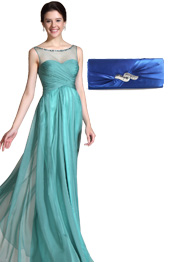 Adorable Turquoise Round Neckline Evening Gown +Blue Handbag Set