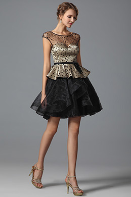 Schwarz Kappe Ärmel Kurz Kleid Mit Polar Dots Design Schwarz Kappe Ärmel Kurz Kleid Mit Polar Dots Design