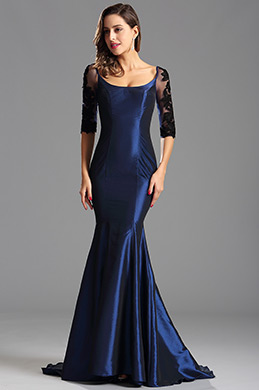 Halb Spitzenarmeln Trompete Blau Formales Kleid Abendkleid Halb Spitzenarmeln Trompete Blau Formales Kleid Abendkleid