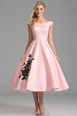 Vestido Vintage para Fiesta A la Tibia Hombro Caído Rosa Vestido Vintage para Fiesta A la Tibia Hombro Caído Rosa