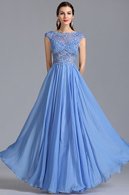 A Line Capped Sleeves Blue Evening Dress Formal Gown