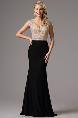 Robe de Soirée Blanc et Noir Cap manche Elégant Robe de Soirée Blanc et Noir Cap manche Elégant