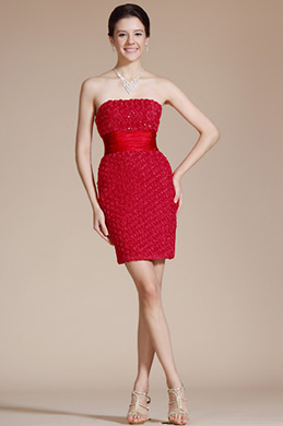 Red Strapless Flowers Cocktail Dress