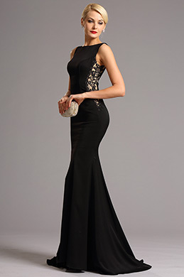 Sleeveless Side Lace Illusion Black Evening Dress Formal Gown