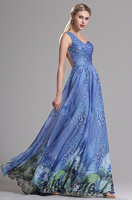 Blue One Shoulder Sweerheart Neckline Printed Prom Evening Dress