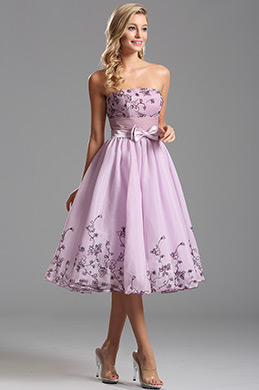 Robe de cocktail sans bretelle satin noeuds papillon