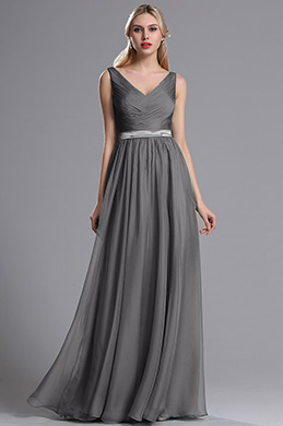 Grey Straps Plunging V Neck Ruched Bridesmaid Dress