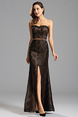 A Line High Slit Overlace Coffee Bridesmaid Dress Evening Gown