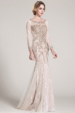 Lange Ärmel Wulstig Spitze Formal Kleid Abschlussballkleid