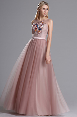 Blush Sheer Neckline Embroidery Tulle Dress Blush Sheer Neckline Embroidery Tulle Dress